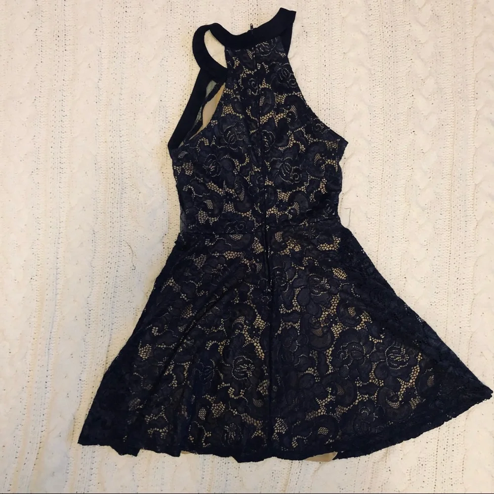 Crystal Doll 5 navy lace over nude halter mini dress - Picture 8 of 9